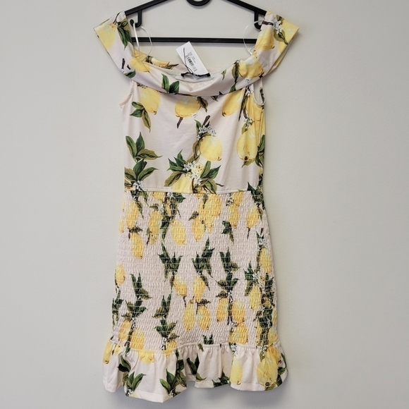 Sugar Lips Lemon Print Smocked Off the Shoulder Mini Dress S - Picture 2 of 9